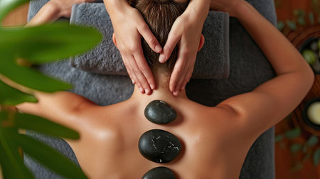 Close-up view of a young woman experiencing hot stone massage therapy in a tranquil spa settingの素材