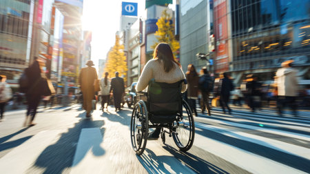 Handicapped or old woman in a wheelchair crossing the pedestrian lane amidst a bustling city background Quality of life and impairment concept.の素材