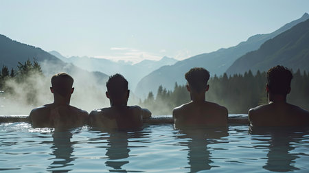 Four women bask in the expansive mountain views from the serenity of an infinity poolの素材
