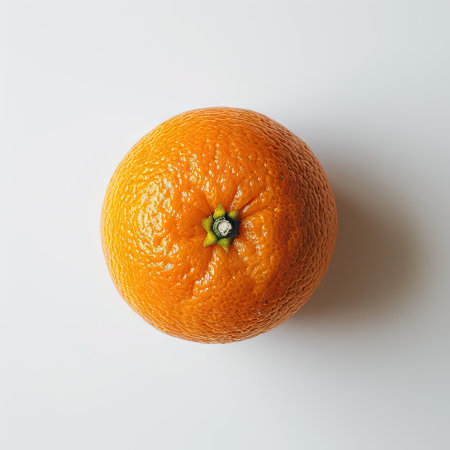 Ripe fresh organic orange isolated on white background, close up photo, top viewの素材
