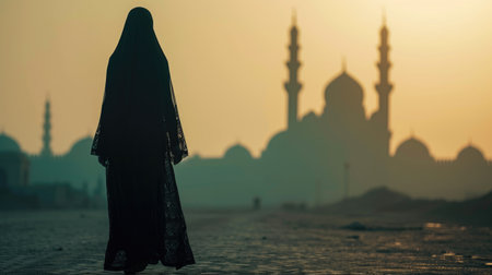 Silhouette of Woman in Niqab at Duskの素材