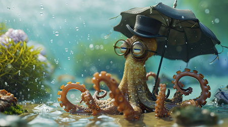 Little octopus in pink colors standing with umbrella underwaterの素材