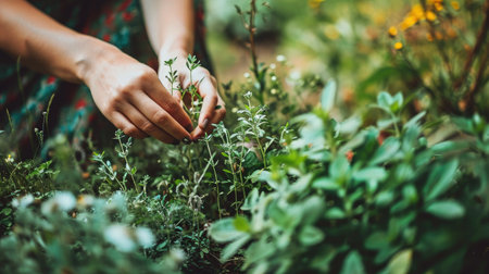 A woman collects medicinal herbs. Selective focus. Nature. Close up photo with handsの素材