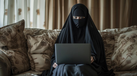 A Muslim woman in a niqab uses a laptop, blending modernity and tradition. Arabian businesswoman in niqab or black garment (abaya) works on a laptopの素材