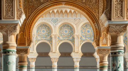 A close-up view of elegant Arabian arches. Ramadan Kareem background with mosque arch. Islamic greeting Eid Mubarak cards for Muslim Holidays festival celebration.の素材