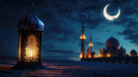 Illuminated Islamic lanterns with a crescent moon over a mosque silhouette. Moroccan lanterns at night. Glittering party garlands. Ramadan kareem, Eid Mubarak. Eastern holiday designの素材