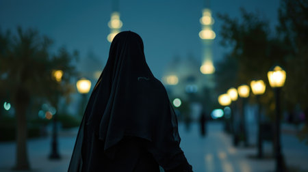 A Muslim woman in a niqab walking towards a big mosque, her figure silhouetted against the evening lights, back viewの素材