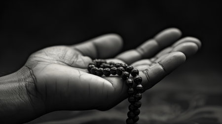 Weathered hands hold a crucifix rosary tightly, a profound symbol of faith and prayer. True to his religion. Hands holding a Rosary in prayer.の素材