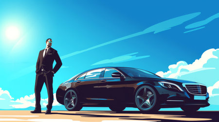 Confident Businessman with Luxury Sedan under Blue Skyの素材