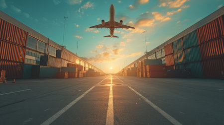 Aircraft Takeoff at Dusk Between Rows of Cargo Containers at Airportの素材