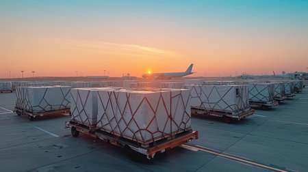 Sunset View of Air Cargo Containers Ready for Loading at Airportの素材