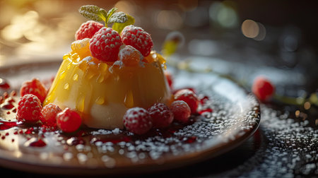 Radiant citrus pudding crowned with sugared berries and drizzled with syrup, in golden light, molecular gastronomyの素材