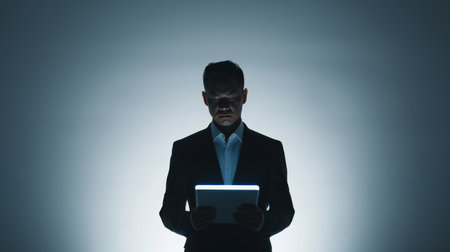 Bothered businessman looking at tablet and frowning while standing on white studio backgroundの素材