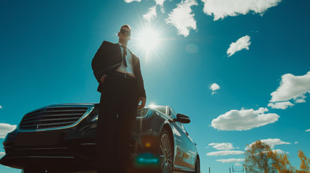 Confident Chauffeur Standing by Luxury Sedan Under Sunny Skyの素材