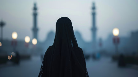 A Muslim woman in a niqab walking towards a big mosque, her figure silhouetted against the evening lights, back viewの素材