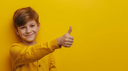 Cropped portrait of a smiling young boy showing thumb up isolated over yellow backgroundの素材