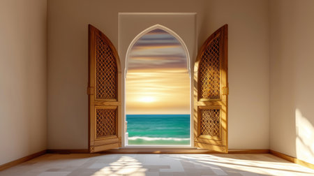 Details of Arabic architecture. Serene 3D scene of an open window with intricate Arabic patterns on beige wall casting warm sunlight. Arab-style open window with suttersの素材