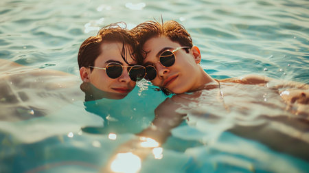 Gay couple wearing sunglasses relaxing in swimming pool or in a sea. LGBT. Two young men enjoying nature outdoors and hugging. Young men romantic family in love. Happiness concept.の素材