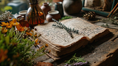 Pen on old book. Photo in old vintage style, 17's, 18's, 19's age travelers journal with herbs drawing by handの素材