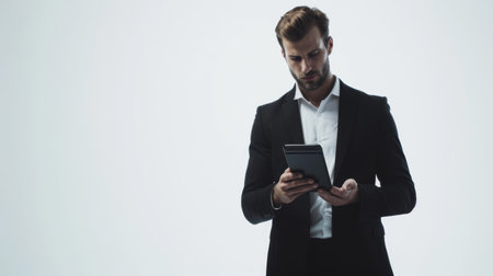 Handsome businessman using digital tablet and looking at it while standing against white backgroundの素材