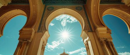 A close-up view of elegant Arabian arches against a clear blue sky. Ramadan Kareem background with mosque arch. Islamic greeting Eid Mubarak cards for Muslim Holidays festival celebration.の素材