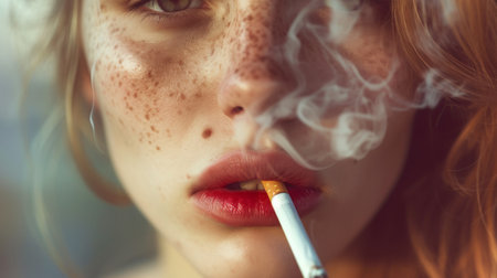 A detailed close-up of a womans red lips holding a lit cigarette, surrounded by swirling smoke.の素材