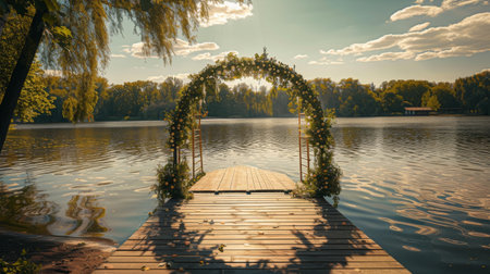 Floral Archway Overlooking Serene Lake Landscape, An enchanting floral archway adorned with blossoms on a lakeside wooden platform provides a picturesque view of a calm lake and distant hills.の素材