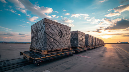 Sunset View of Air Cargo Containers Ready for Loading at Airportの素材