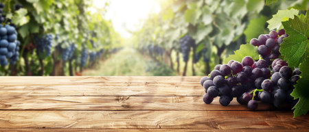 Ripe Grapes on Vineyard Wooden Table, A bountiful bunch of ripe red grapes on an old wooden table with a sunlit vineyard stretching into the distance.の素材