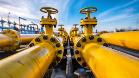 Industrial Yellow Gas Pipeline Against Blue Sky, Vivid yellow gas pipelines with valves and fittings, installed outdoors against a clear blue sky with light cloud cover.の素材