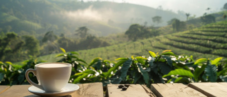 Fresh Coffee Cup on Wooden Table Overlooking Plantation, Morning coffee in a white cup steaming gently on a rustic wooden table with a scenic coffee plantation in the background.の素材