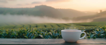 Steaming tea with Sunrise over Tea Plantation, A serene scene with a steaming tea placed on a wooden surface, overlooking a misty tea plantation at sunrise.の素材