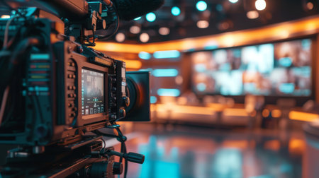 Close-up of a professional video camera in a television studio, with blurred lights and set in the background.の素材
