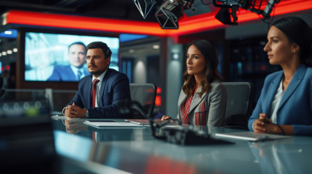 Broadcasters address news topics in a modern television studio set, hosting live talk show to present latest scandals. News anchor team introducing entertainment segment on tv network.の素材