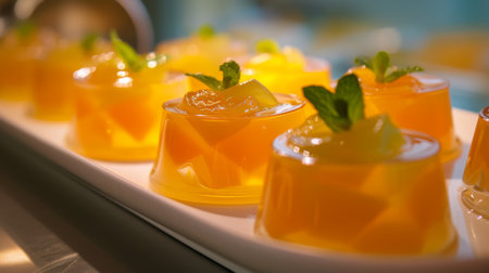 Delightful mango jelly desserts, garnished with fresh mint leaves, perfect for a refreshing summer treat.の素材