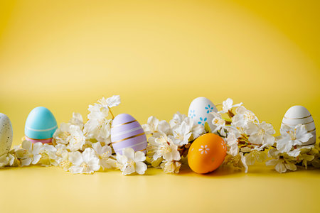 Spring Easter holiday yellow background with eggs in basket and spring flowers. Greeting card background with copy space.の写真素材