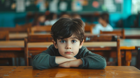 A young boy lost in thought, sitting in a classroom setting with her peers blurred in the background, reflecting a moment of introspection. concept of bullying among teenagersの素材