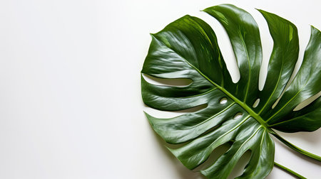 Tropical palm or monstera leaf. Flat lay, top view, copy spaceの素材