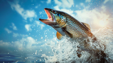 Leaping Trout at Sunrise Over Water, A trout mid-leap, glistening with water droplets against a sunrise sky, captures the essence of freshwater fishing.の素材