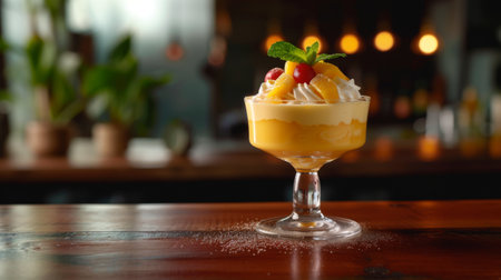 Elegant mango panna cotta dessert garnished with fresh mango cubes and mint leaves.の素材