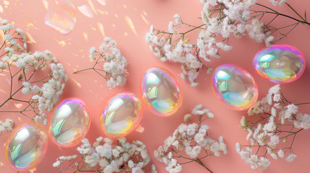A collection of shiny, iridescent Easter eggs with holographic design nestled among delicate spring blossoms, set against a soft pastel background, evoke the freshness of the spring season.の素材