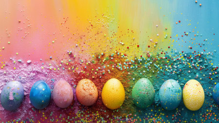 Colorful Easter Eggs Exploding in Colorful holi powder blowing up. Vibrantly colored Easter eggs burst in a dazzling explosion of colors and glitter, creating a festive and joyful holiday atmosphere.の素材