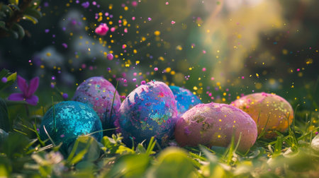 Colorful Easter Eggs Exploding in Colorful holi powder blowing up. Vibrantly colored Easter eggs burst in a dazzling explosion of colors and glitter, creating a festive and joyful holiday atmosphere.の素材