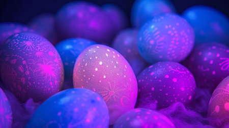 Hand-painted Easter eggs on a shimmering, in ultraviolet light background, symbolizing festive celebration. Easter Holiday backgroundの素材