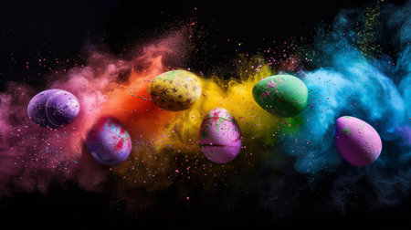 Colorful Easter Eggs Exploding in Colorful holi powder blowing up. Vibrantly colored Easter eggs burst in a dazzling explosion of colors and glitter, creating a festive and joyful holiday atmosphere.の素材