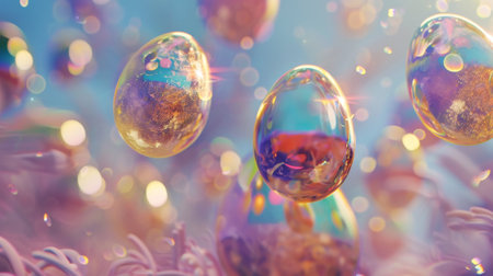A collection of shiny, iridescent Easter eggs with holographic design scattered on a pink surface, reflecting the joyful spirit of the spring holiday.の素材