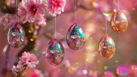 A collection of shiny, iridescent Easter eggs with holographic design nestled among delicate spring blossoms, set against a soft pastel background, evoke the freshness of the spring season.の素材