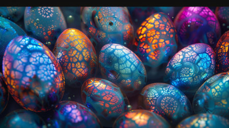 A collection of shiny, iridescent Easter eggs with holographic design scattered on a pink surface, reflecting the joyful spirit of the spring holiday.の素材