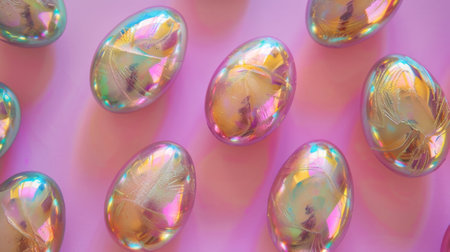 A collection of shiny, iridescent Easter eggs with holographic design scattered on a pink surface, reflecting the joyful spirit of the spring holiday.の素材