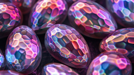 A collection of shiny, iridescent Easter eggs with holographic design scattered on a pink surface, reflecting the joyful spirit of the spring holiday.の素材
